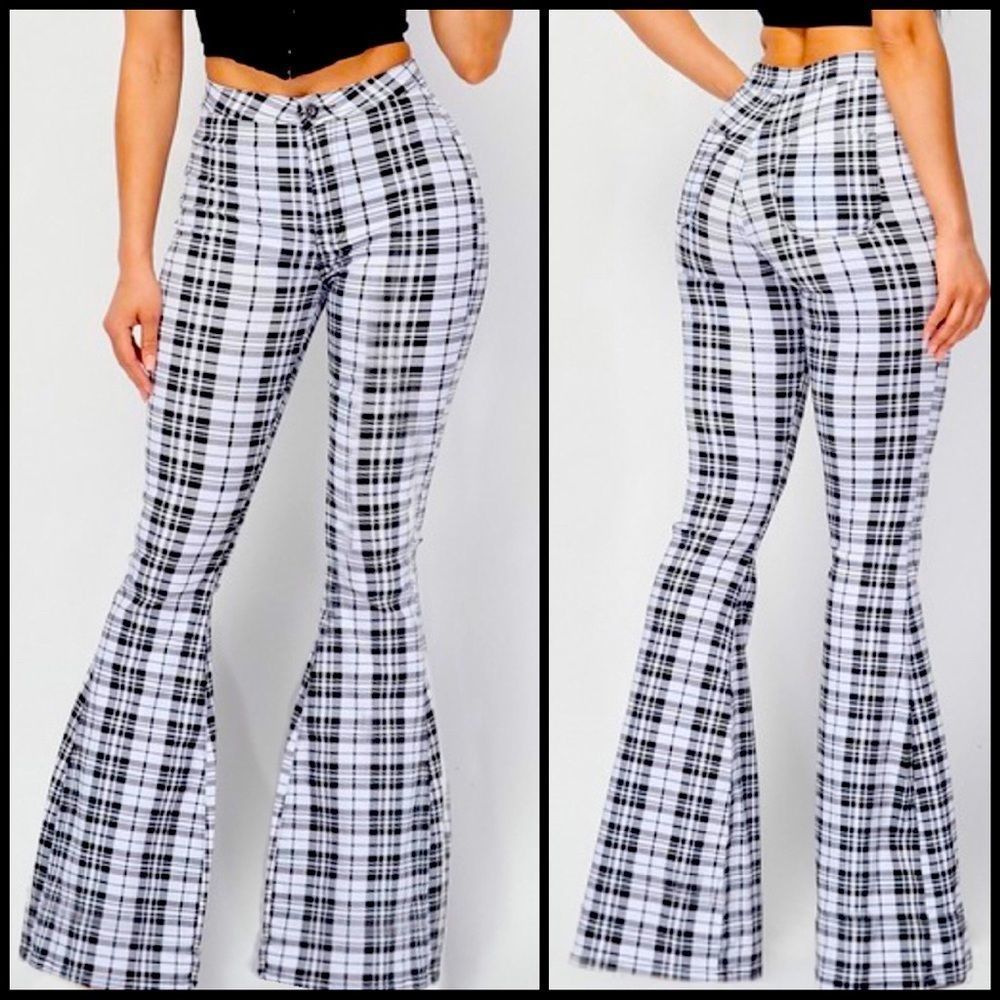 Tartan Plaid Bell Bottom Jeans/ S-XL / 34” Inseam